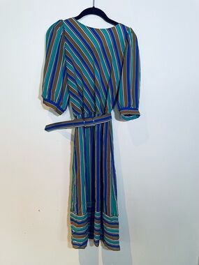 Sears Striped Belted Midi Dress in Green, Blue & Brown